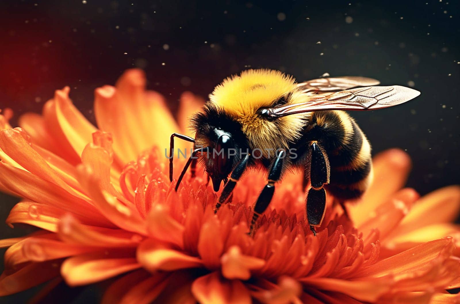 A bumblebee collects nectar on a flower, it's time to bloom, close-up. Generative AI. High quality illustration