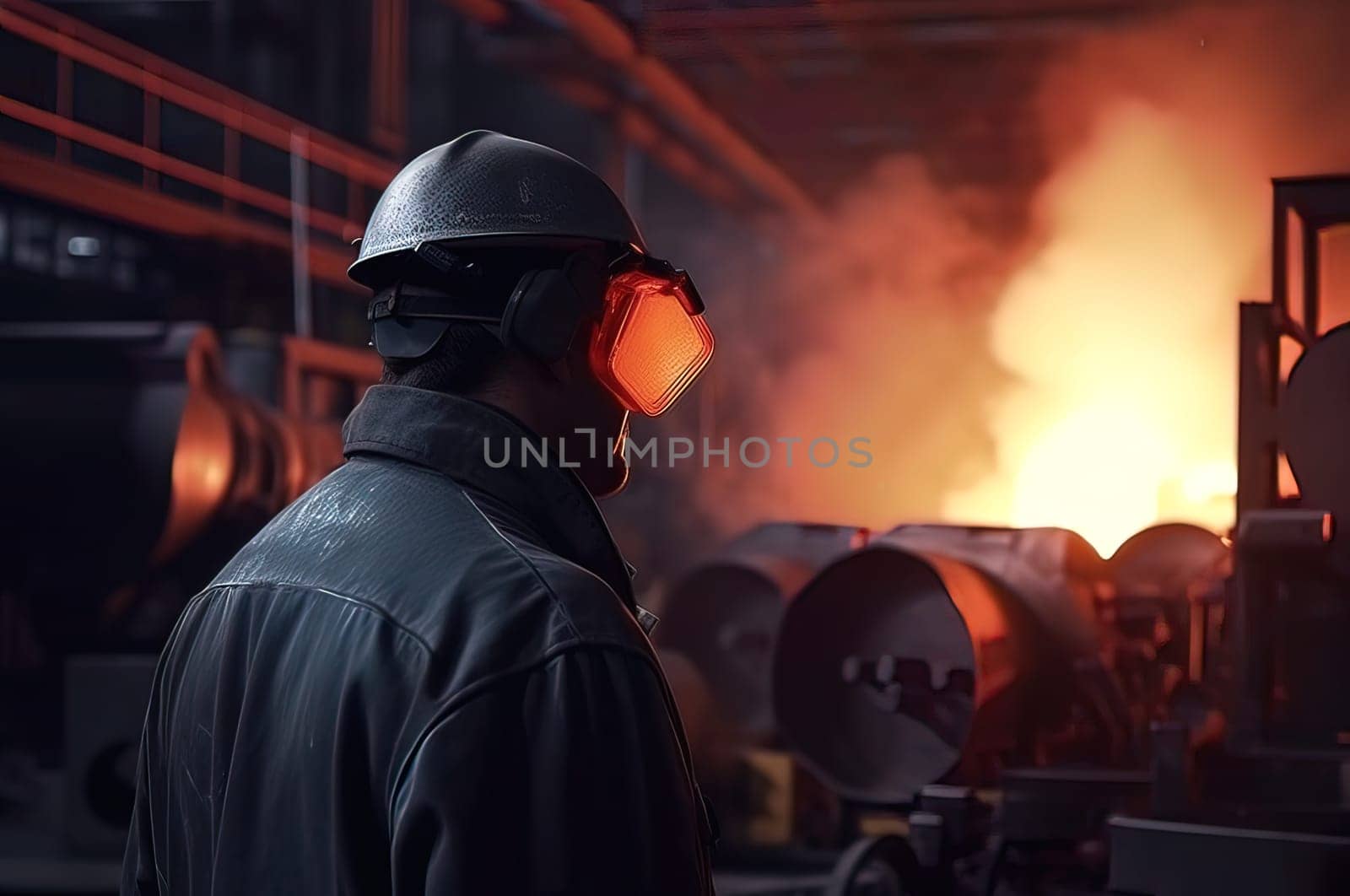 A steelmaker in a helmet at a metallurgical furnace watches hot steel pour out of it. Generative AI. High quality illustration
