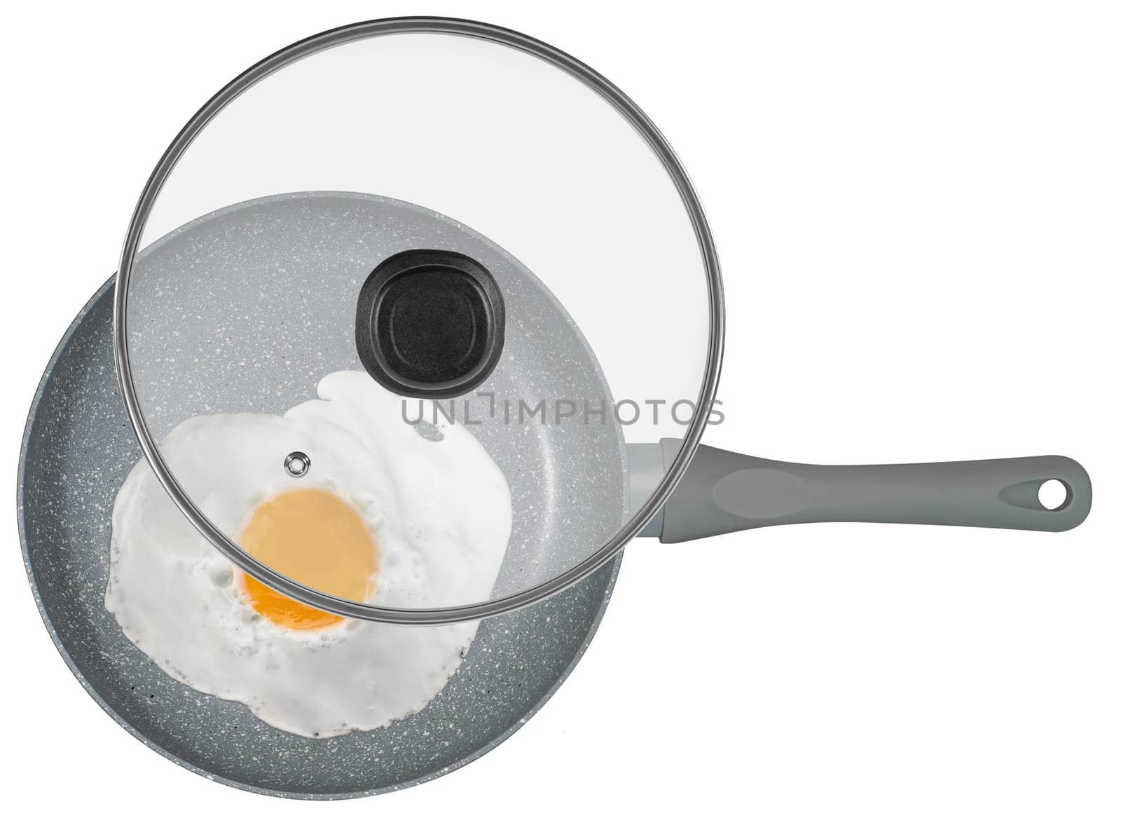 scrambled eggs on a frying pan, on a white background in isolation