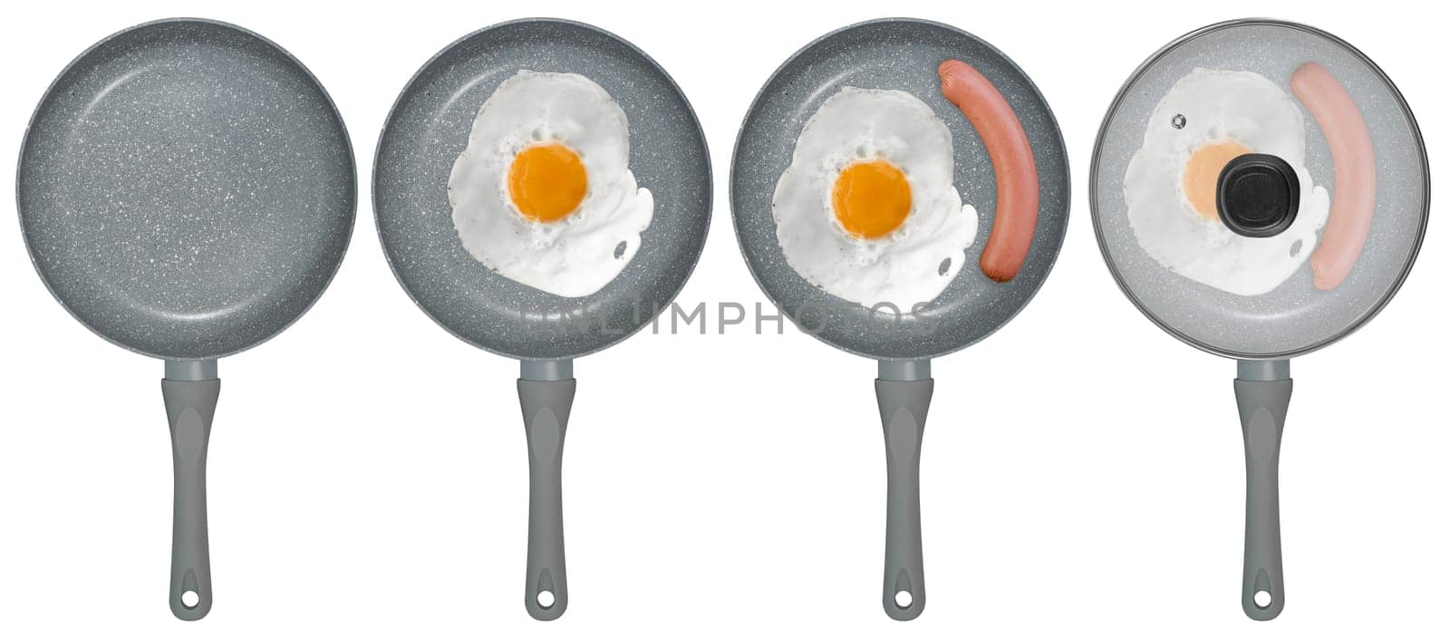 scrambled eggs and sausage on a frying pan on a white background in isolation