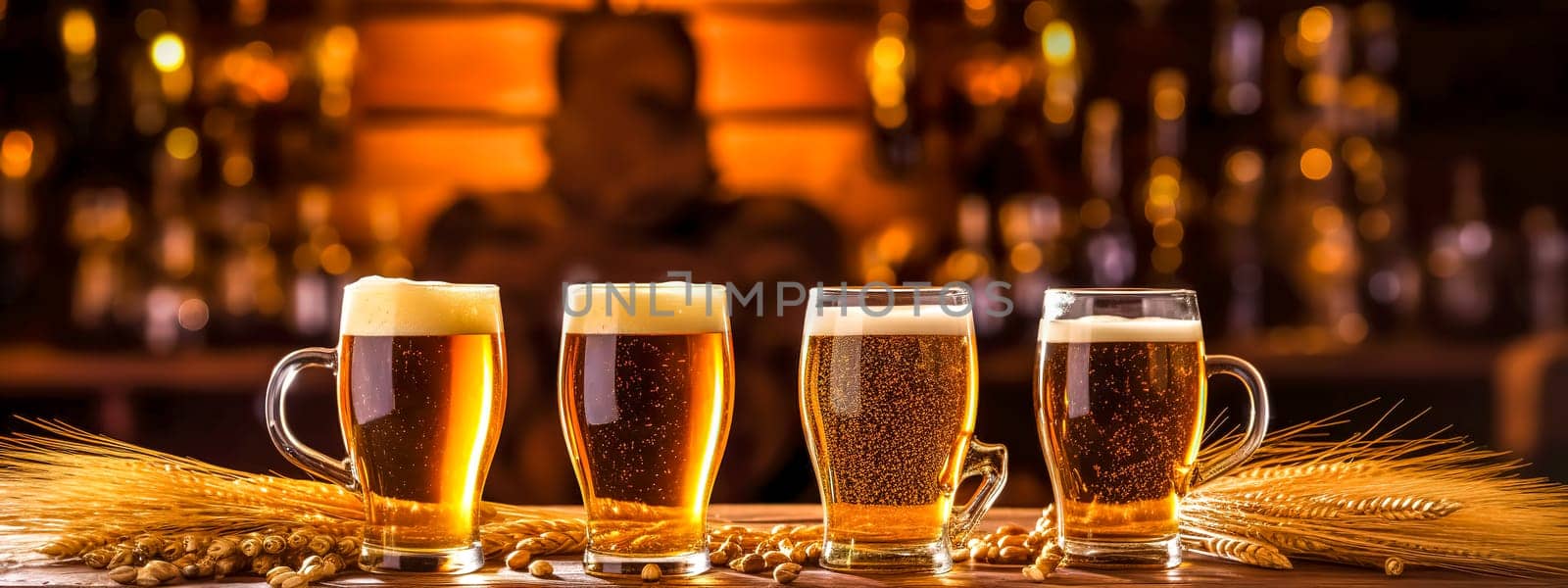 glass of draft beer with foam on a wooden table, banner, made with Generative AI. High quality illustration
