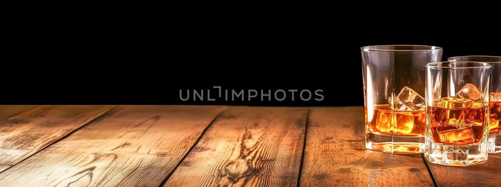 whiskey in a glass with ice on a wooden table, banner, made with Generative AI. High quality illustration