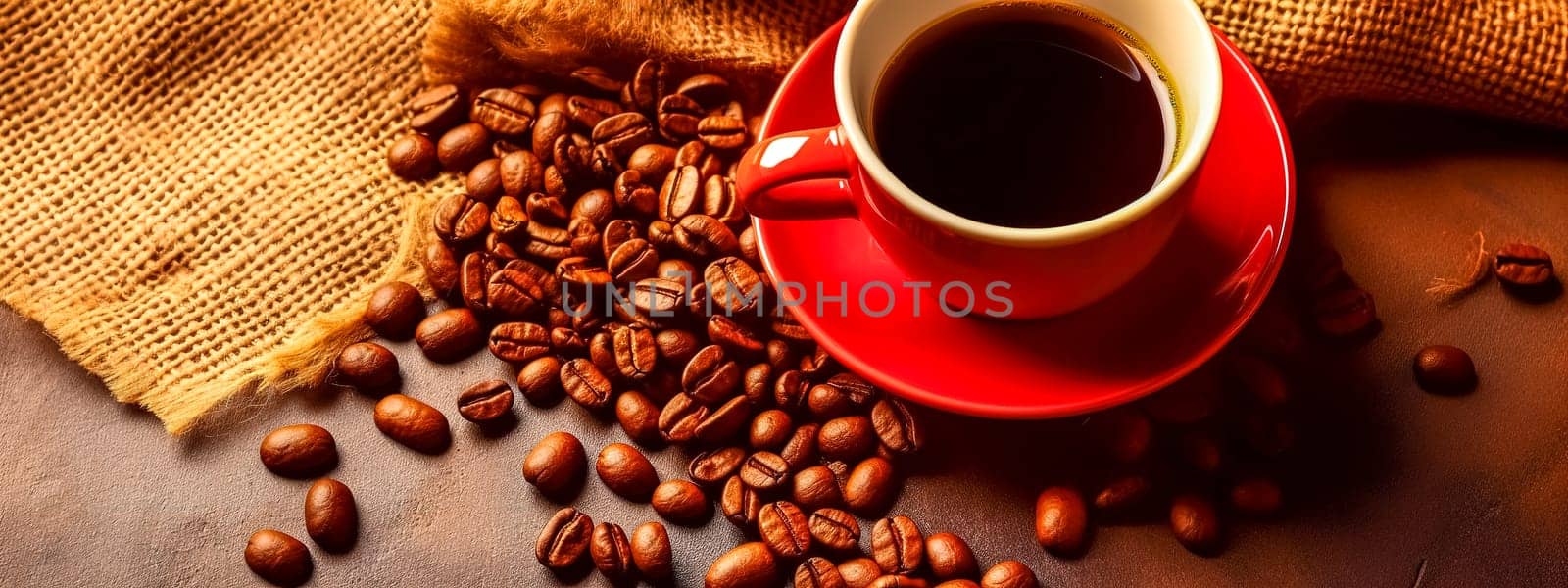 red coffee mug and coffee beans on wooden table, banner, made with Generative AI by Edophoto