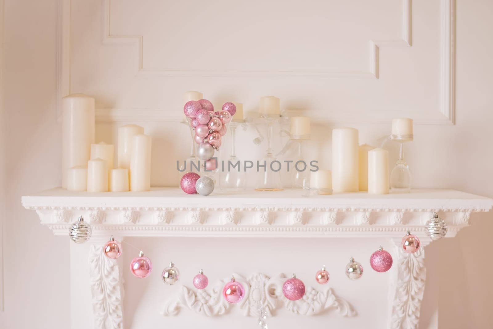 Christmas Fireplace, Hanging Sock Heart Toys on Fire Place, Xmas Magic Story Stocking in Lighting Interior