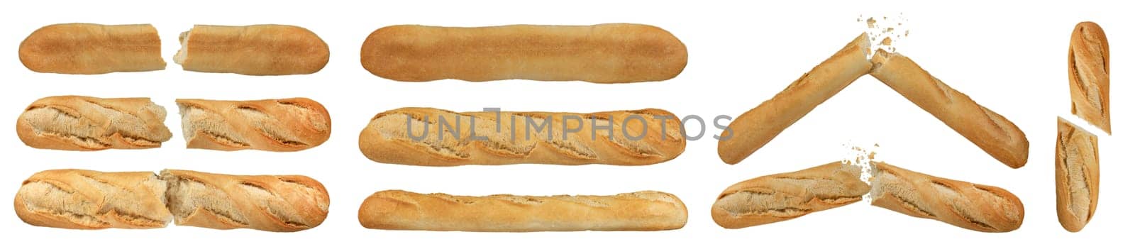 A large set of white long bread on a white isolated background. White bread baguette, broken in half. Photo to insert into a design or project. by SERSOL