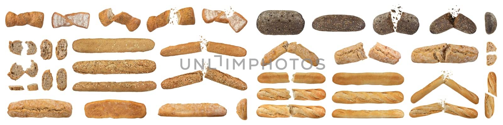 Many different loaves of bread, different varieties and shapes isolated on a white background. Full size loaves of bread, cut into slices or broken apart. Bread isolate for inserting into design