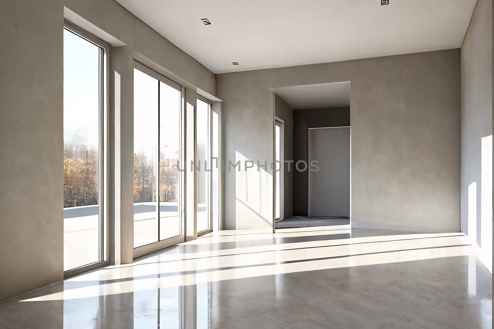 interior of an empty room with large windows, sunlight penetrates into the room. Ai generative