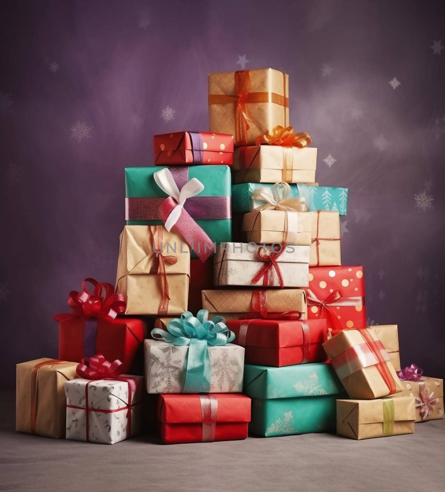 pile of wrapped christmas gifts, generative AI by Chechotkin