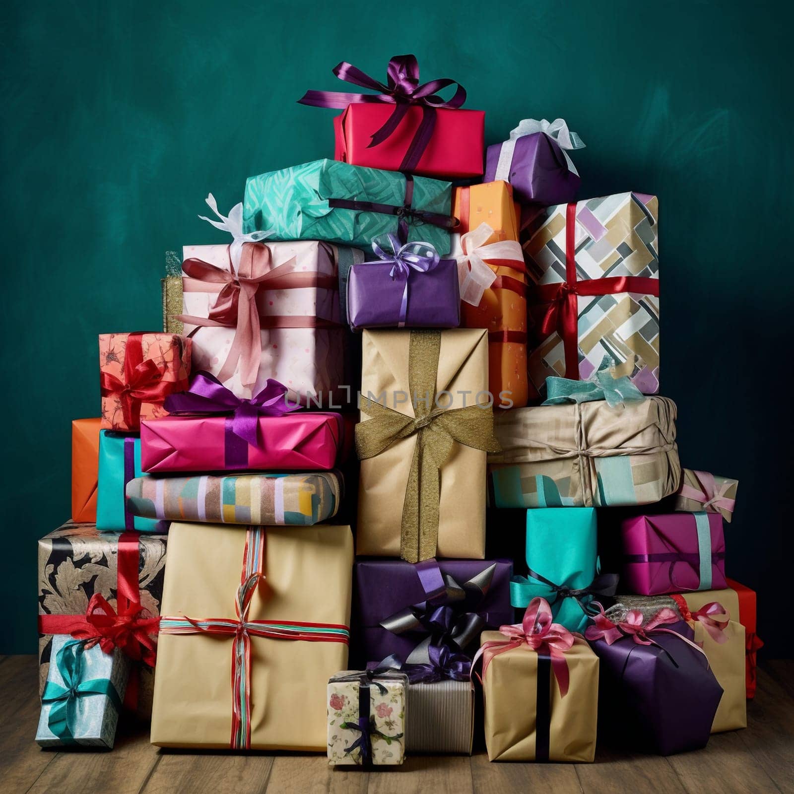 pile of wrapped christmas gifts, generative AI by Chechotkin