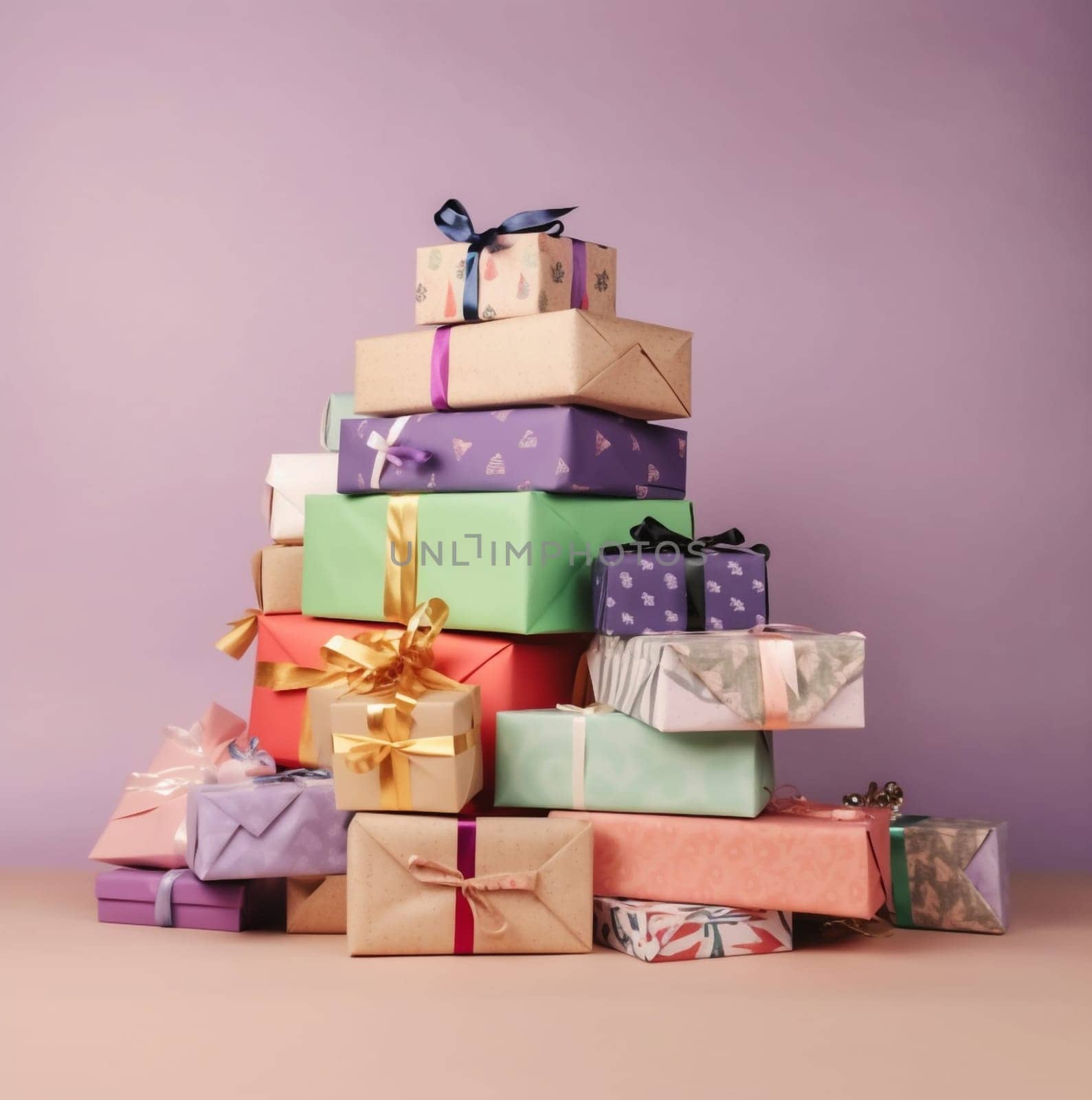 pile of wrapped christmas gifts, generative AI by Chechotkin