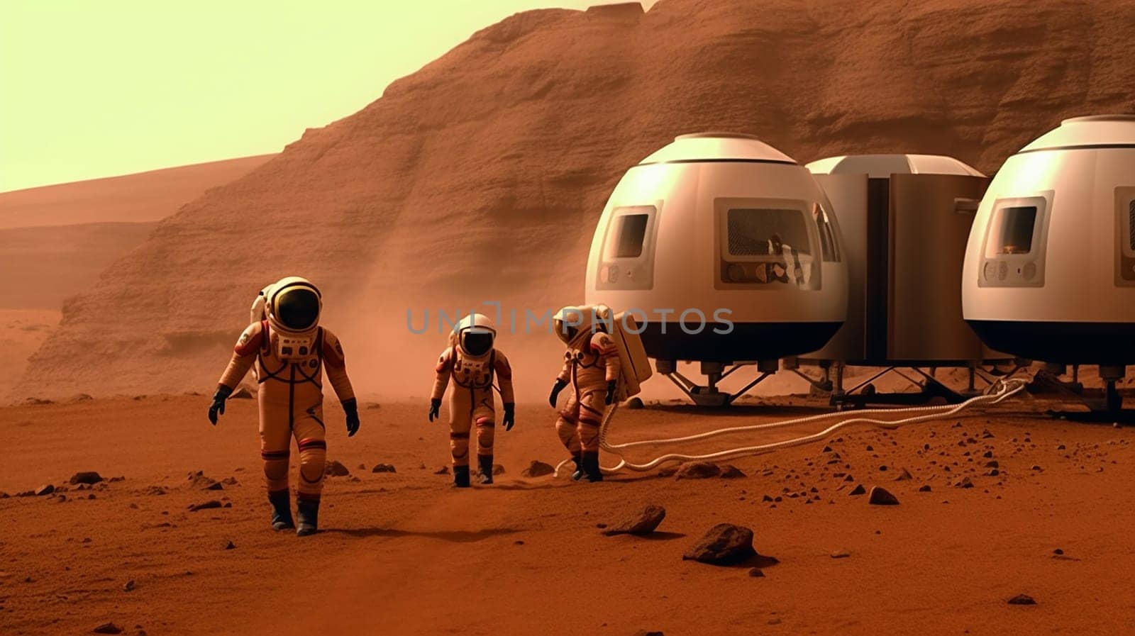 three astronauts disembarking on Mars, generative AI. High quality photo