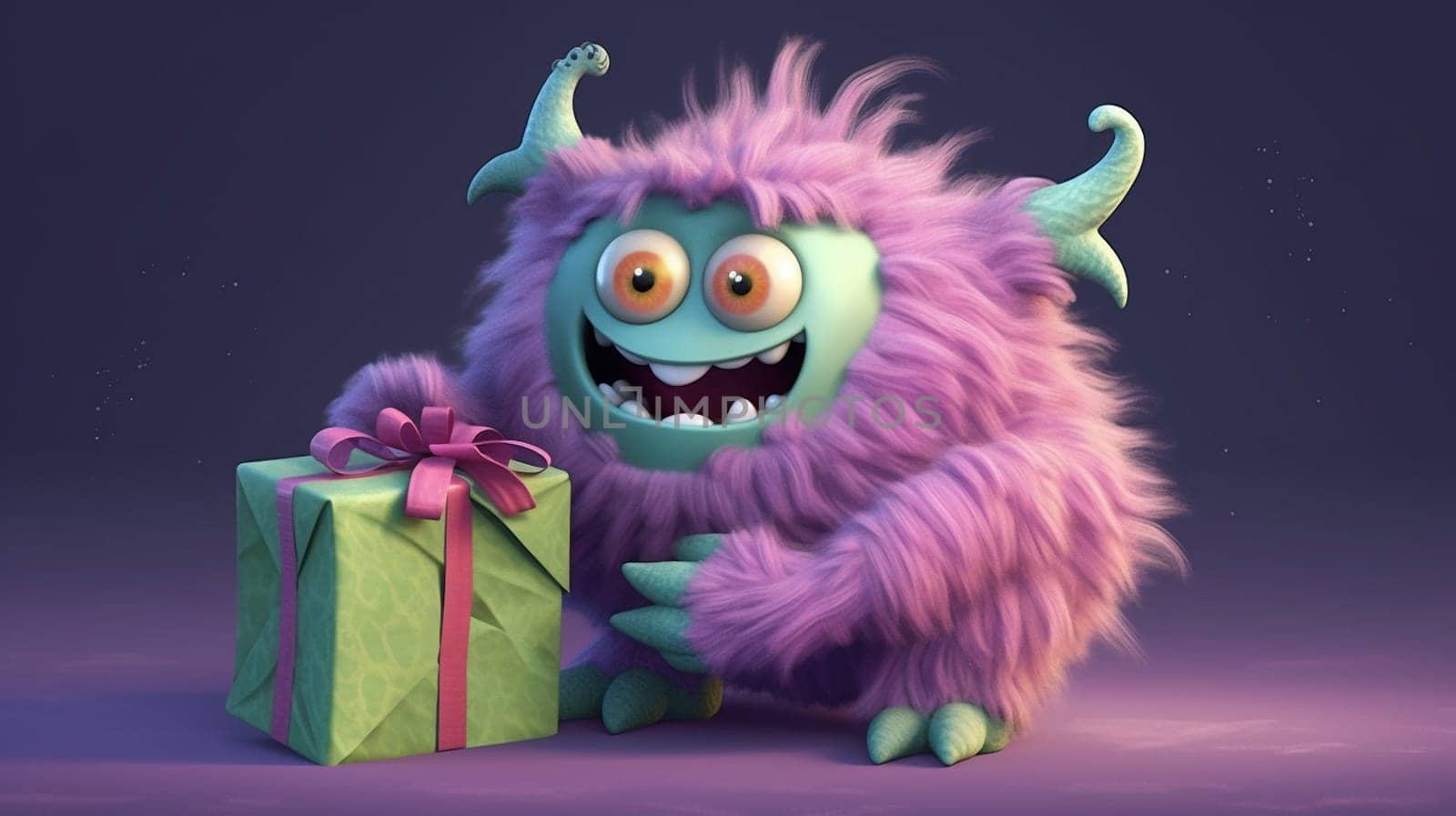 fluffy monster with wrapped gift box, generative AI. High quality photo