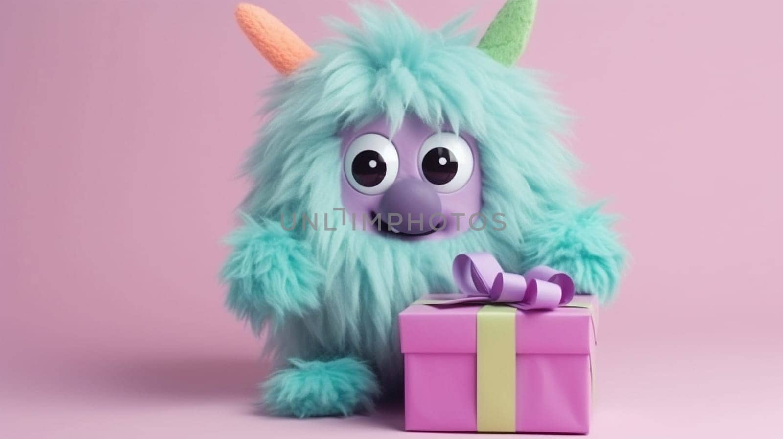 fluffy monster with wrapped gift box, generative AI. High quality photo