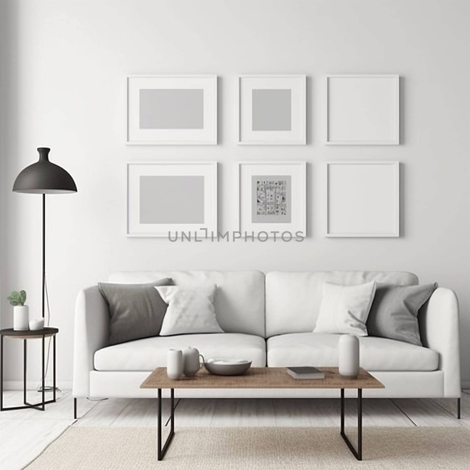 stylish living room interior with frames on the wall, generative AI. High quality photo