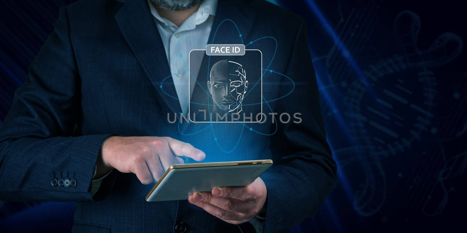Man using tablet with face id scan and modern technology. Login using Face id and AI. Network security, digital banking, financial technology, online payment. Smart devices security