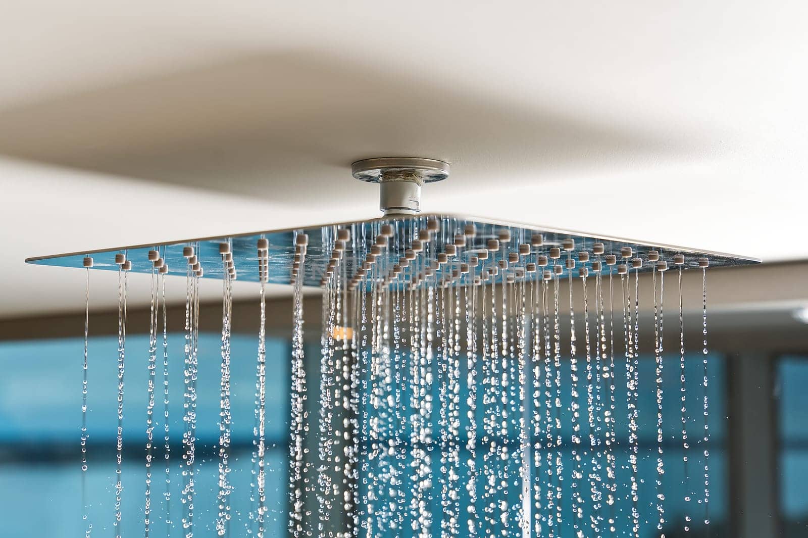 Water flows from the tropical shower. Large water consumption. Chrome large shower head, modern design. Water flowing from the square shower head in a modern bathroom.
