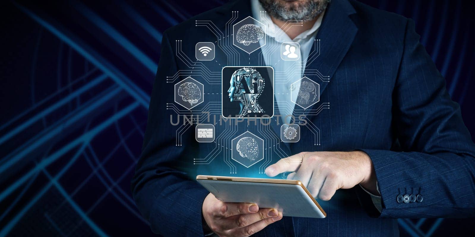 Businessman working on digital tablet using ai. Business technology, IoT Internet of Things, Ai Software development concept. Coding programmer developing mobile apps. Web icons