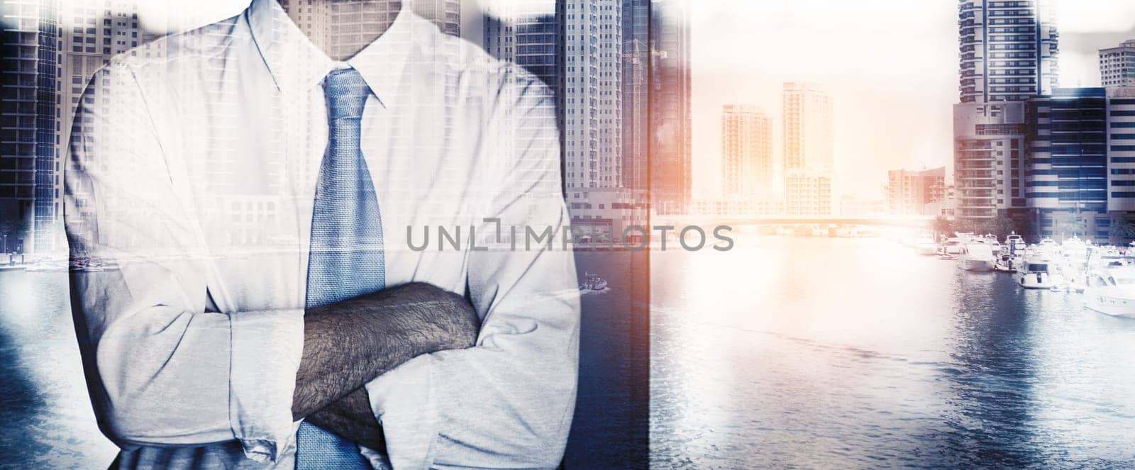 Business man, double exposure and arms crossed by buildings for mockup space, career or 3d overlay at job. Businessman, holographic cityscape or metro skyline in workplace with lens flare for mock up by YuriArcurs
