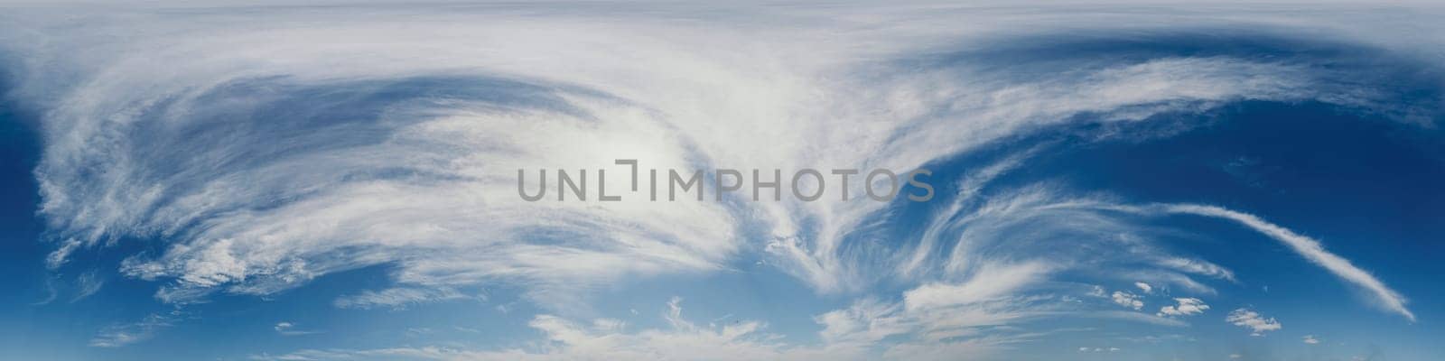 Blue summer 360 panorama of sky with clouds, no ground, in spherical equirectangular format for easy use in 3D graphics and aerial or ground composites, seamless and suitable for sky replacement. by panophotograph