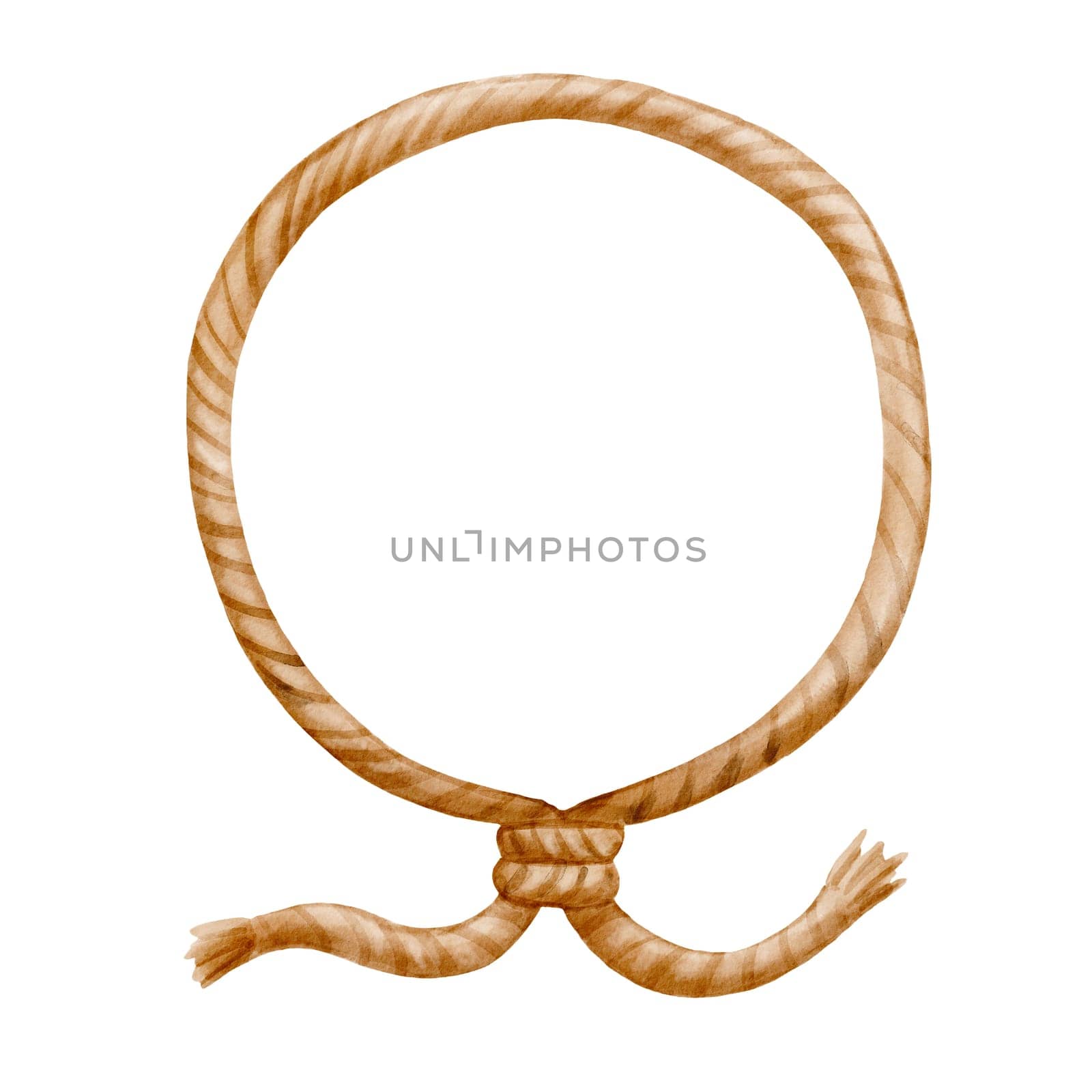 Round frame made of rope rolled into ring. Watercolor nautical circle isolated on white background