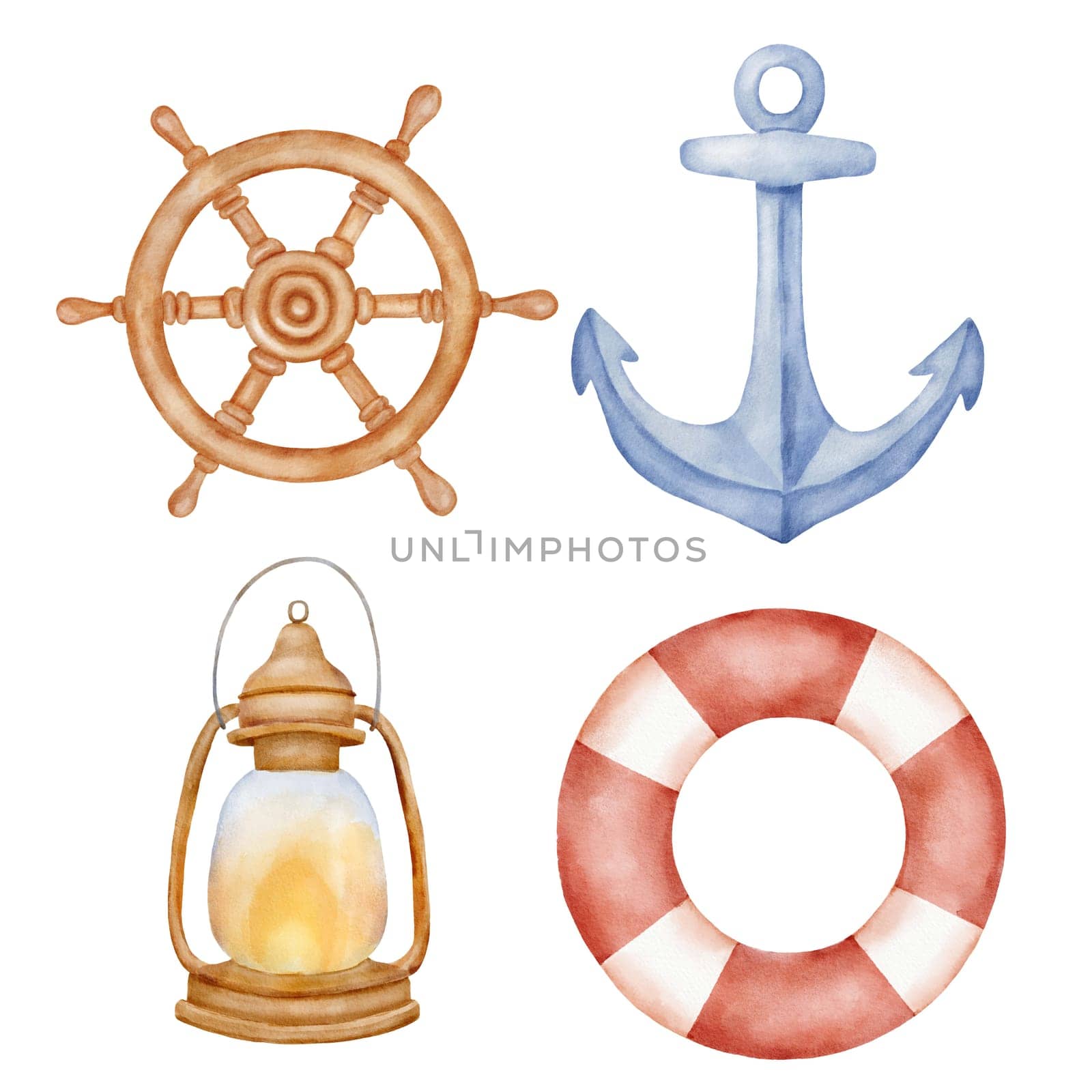 Nautical steering wheel, marine lamp with wick, anchor and lifebuoy. Watercolor clipart isolated on white. Nautical cute illustrations set