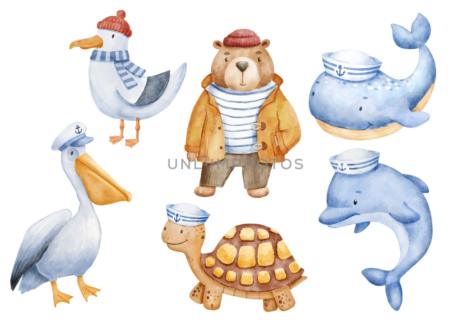 Cute sailor bear dressed in vest, hat and yellow fishing jacket. Pelican, dolphin and whale. Funny watercolor illustration of childish characters set isolated on white background by ElenaPlatova
