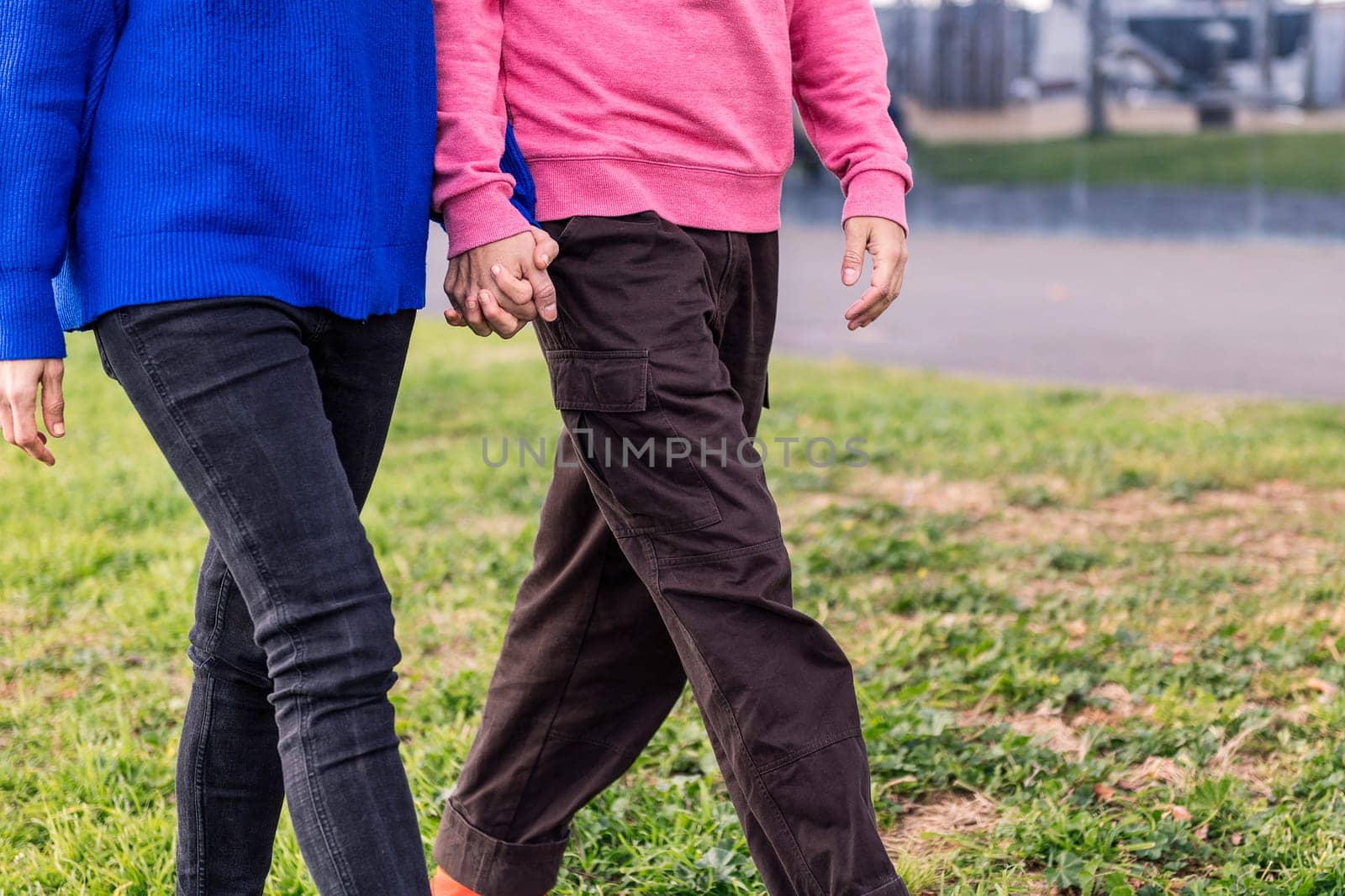 two unrecognizable people walking together holding hands in a park, concept of bonding and love, copy space for text