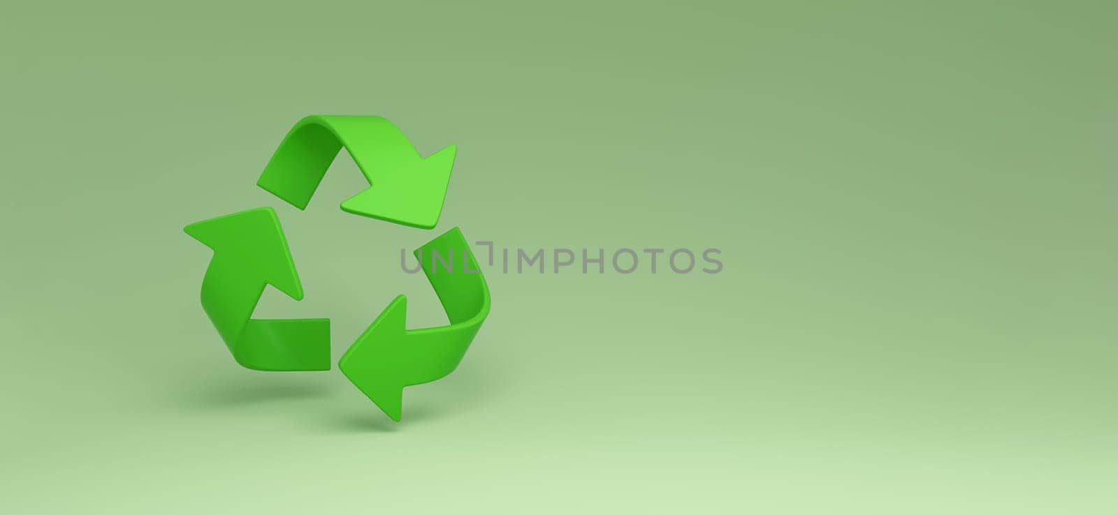 Panoramic Green recycling sign on green background for ecological waste management and a sustainable and economical lifestyle. 3d rendering.