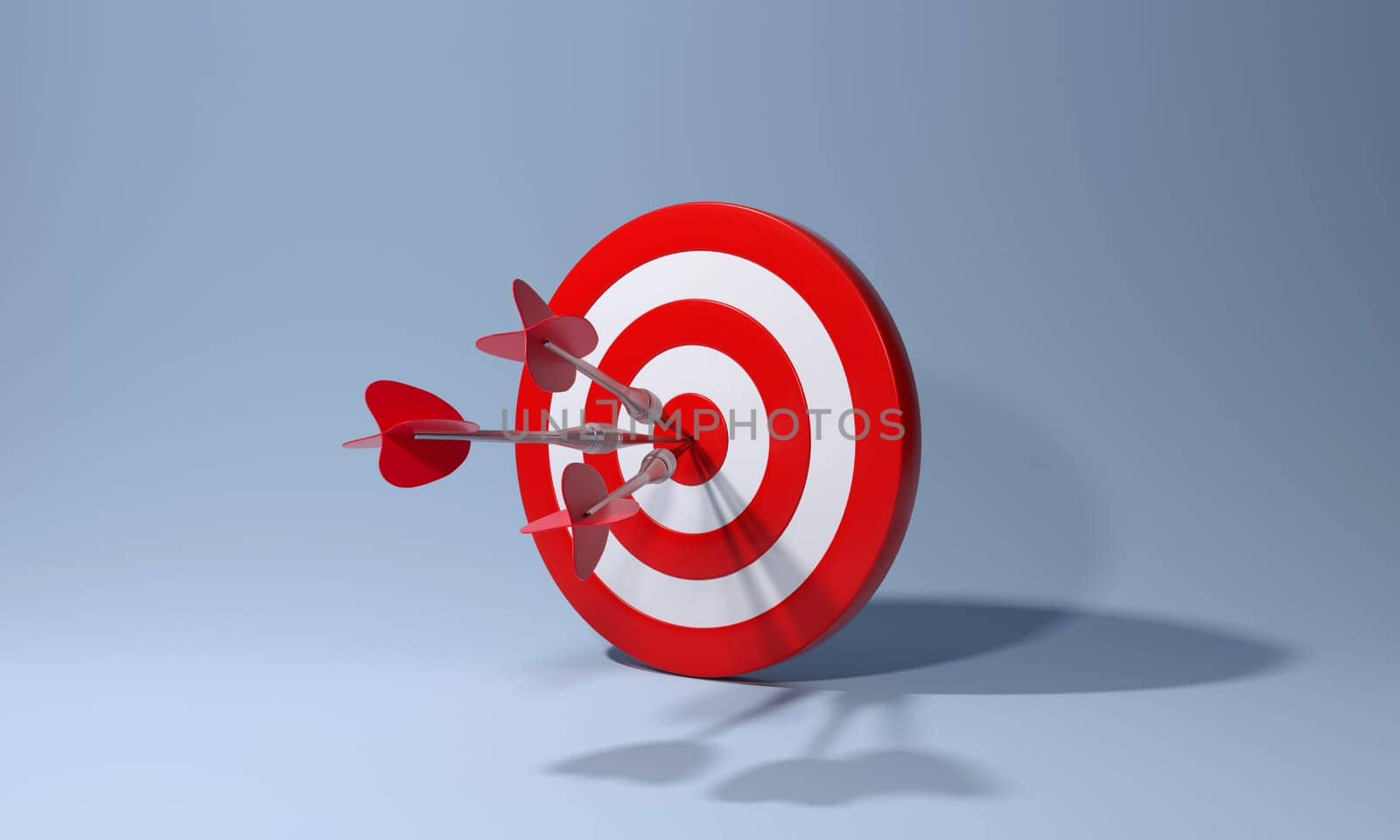Red dart with arrow hitting target on blue background. Business aiming at the target concept. 3d rendering.