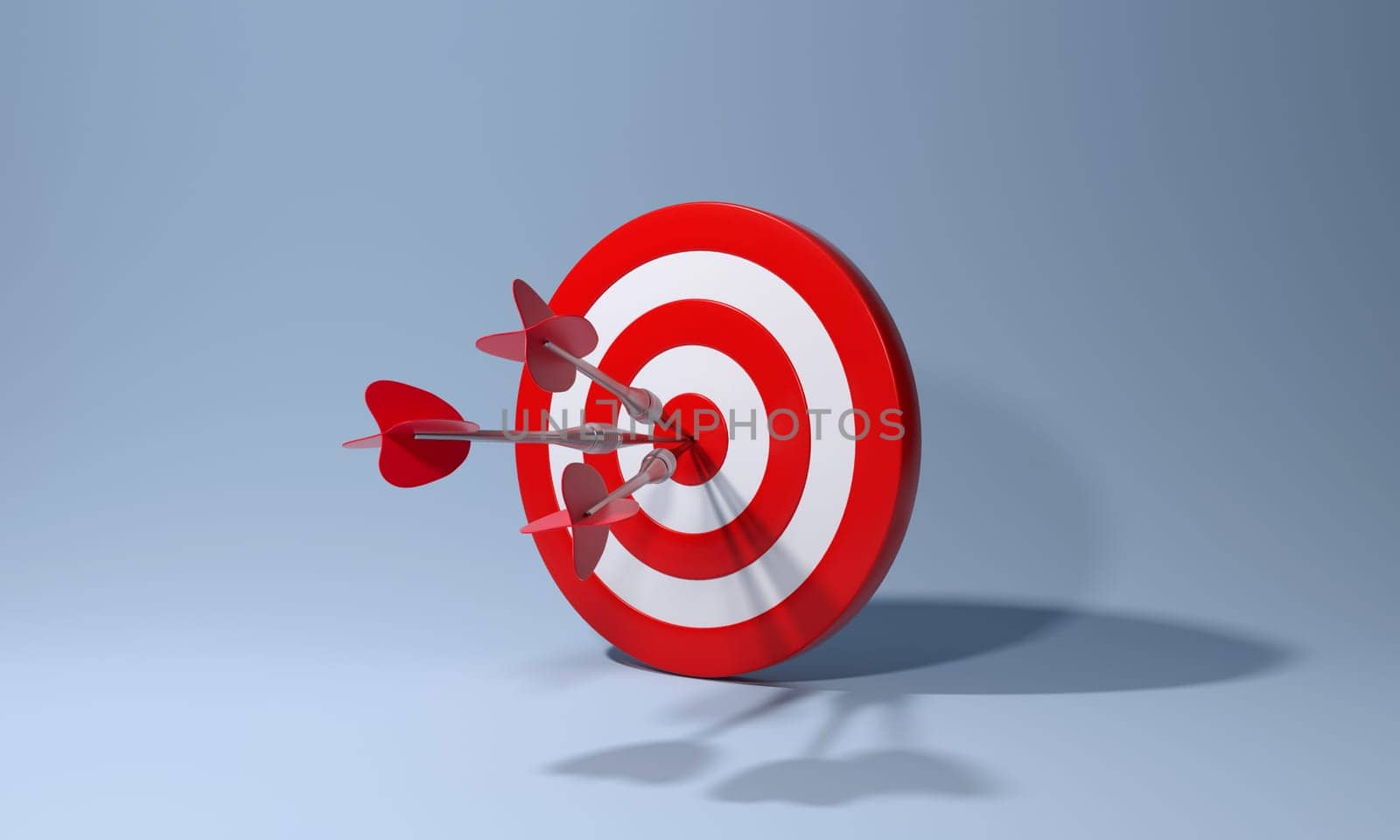 Red dart with arrow hitting target on blue background. Business aiming at the target concept. 3d rendering.