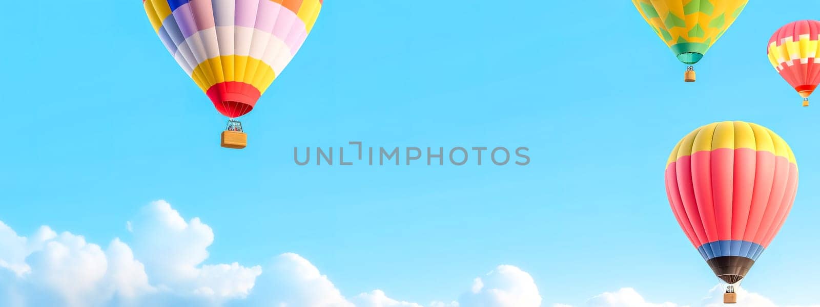 cartoon colorful hot air balloon in blue sky, banner with copy space, made with Generative AI by Edophoto