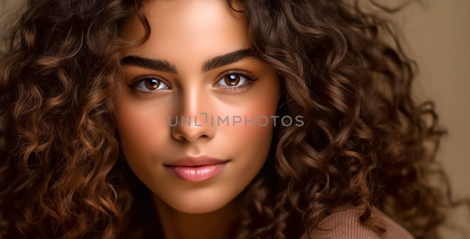 portrait of a young woman with curly hair, made with Generative AI. High quality illustration