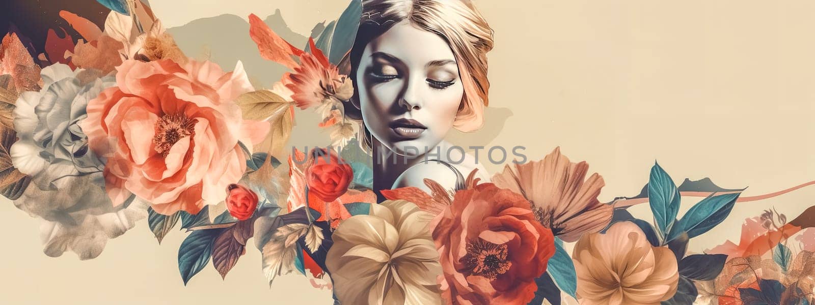 pretty retro woman with flowers, collage style banner with copy space, made with Generative AI by Edophoto