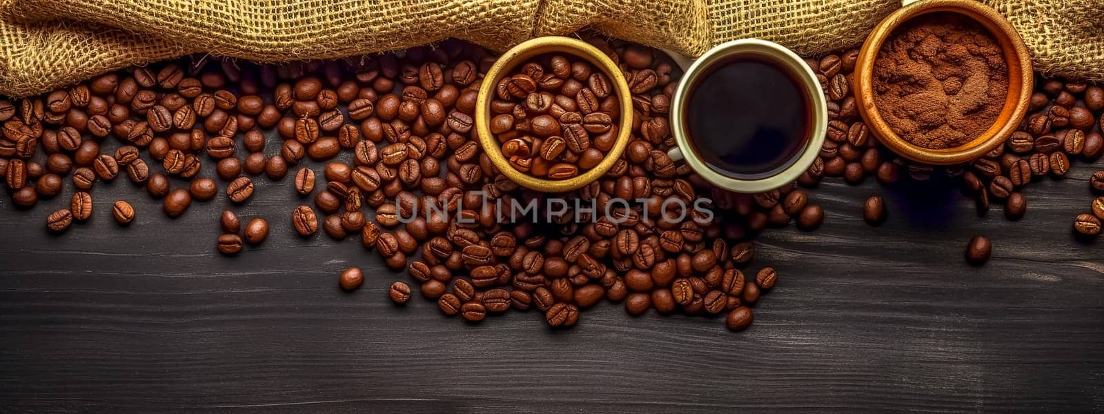 coffee mug and coffee beans on wooden table, banner, made with Generative AI. High quality illustration
