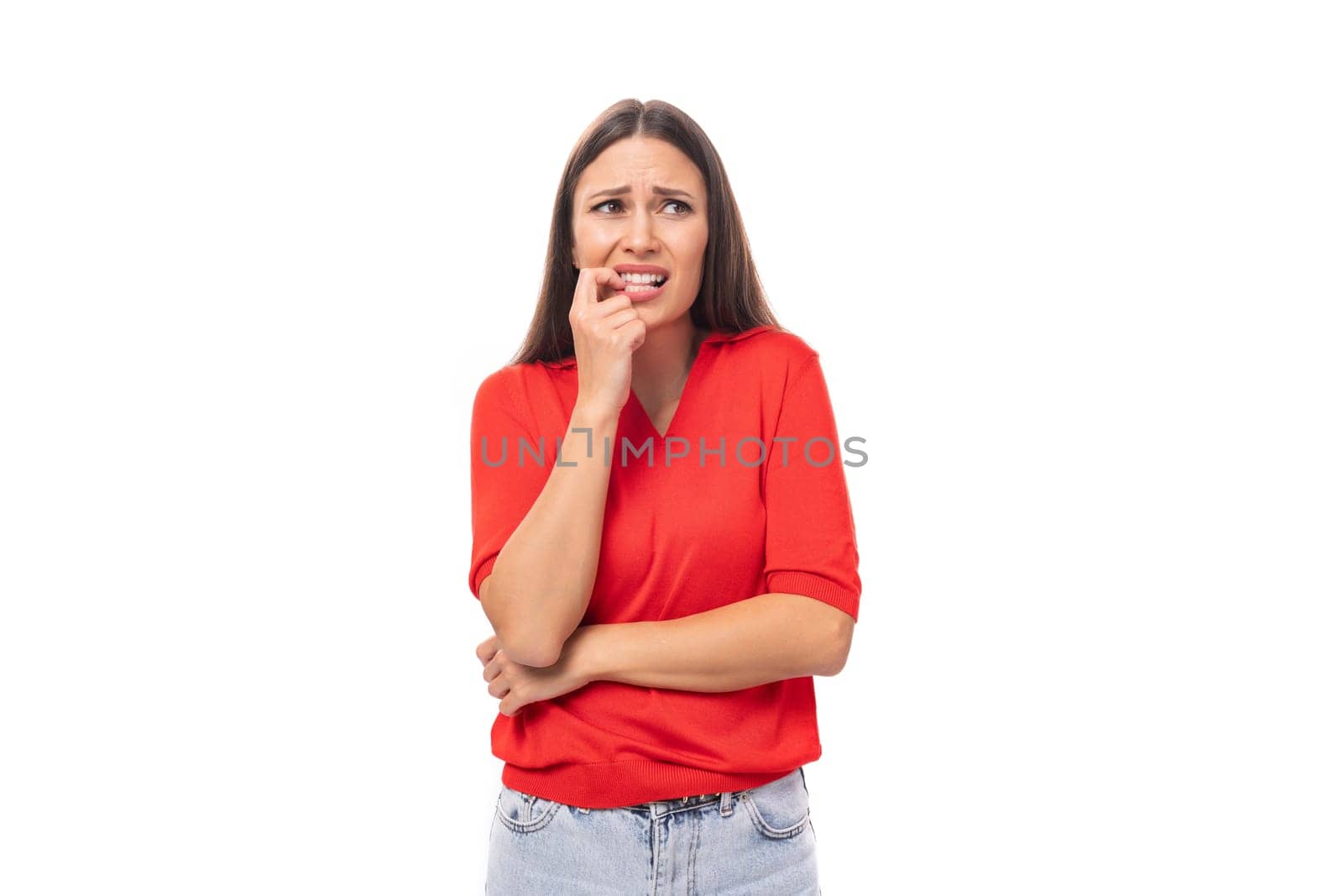 a young European woman with dark straight hair wearing a red short-sleeved shirt actively gestures and uses facial expressions by TRMK