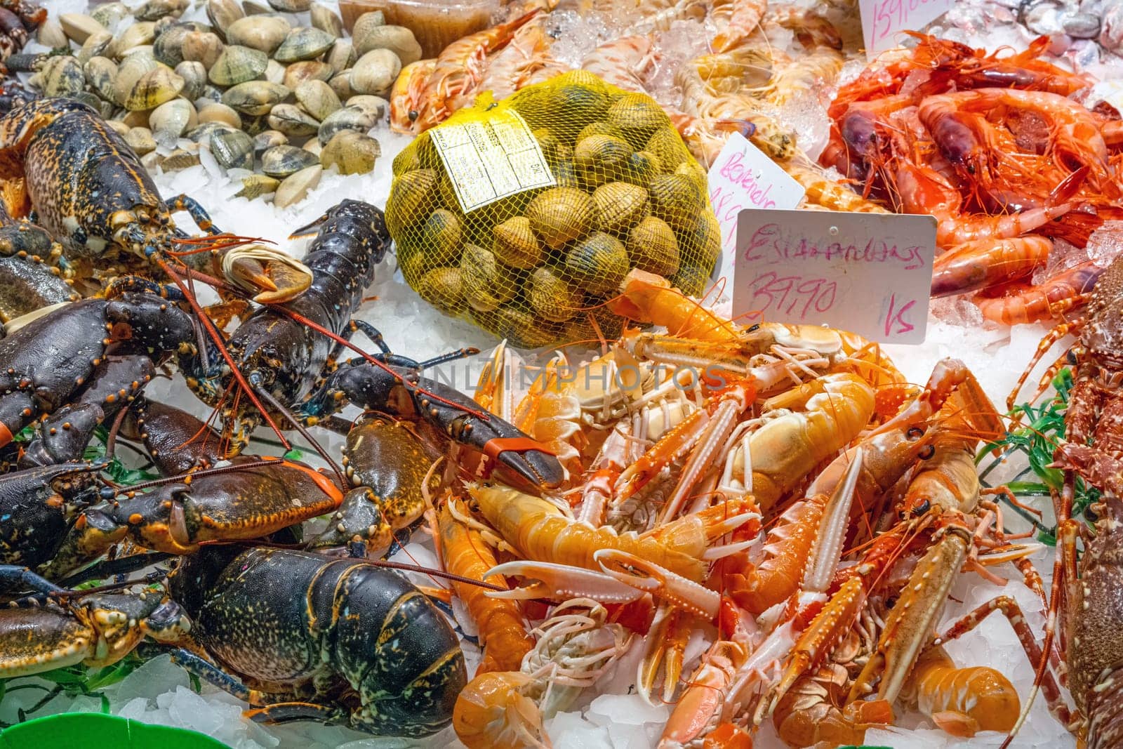 Lobsters and seafood for sale at a market in Barcelona, Spain