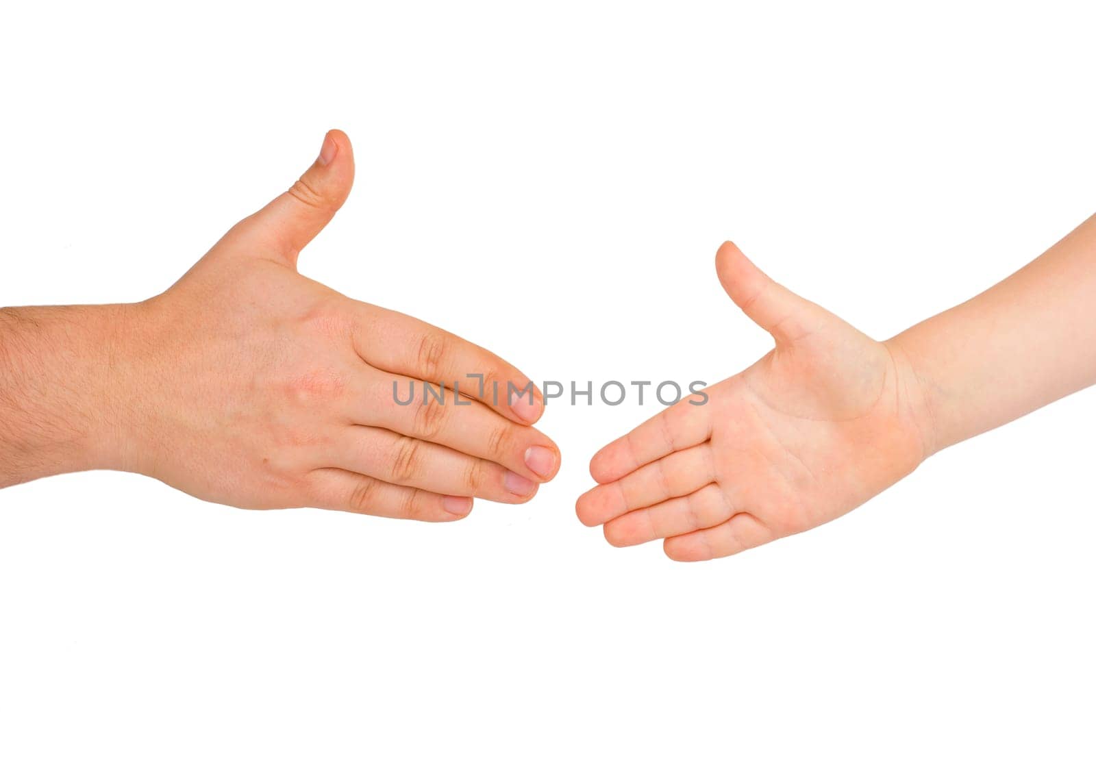 The child and his father stretch out their hands to each other isolated on a white background. hand of the child in a man's hand. hand in hand adult and child. by aprilphoto