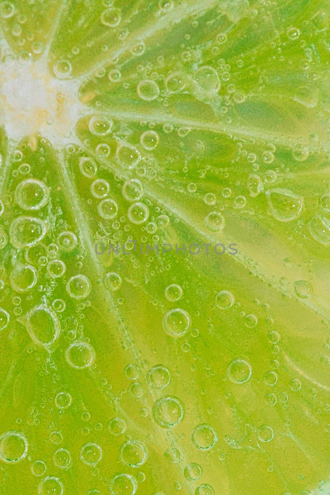 Close-up of a lime slice in liquid with bubbles. Slice of ripe lime in water. Close-up of fresh lime slice covered by bubbles. Macro vertical image