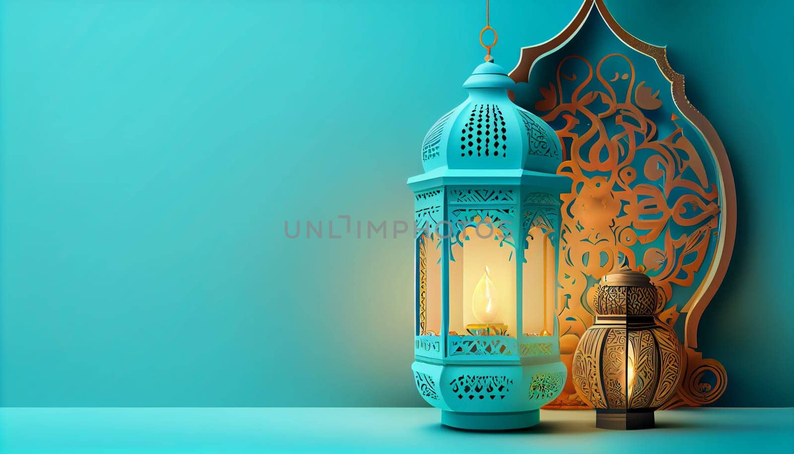 Mubarak Ramadan Kareem islamic muslim banner background with lamp and candle, decorated design on pastel azure background with copy space