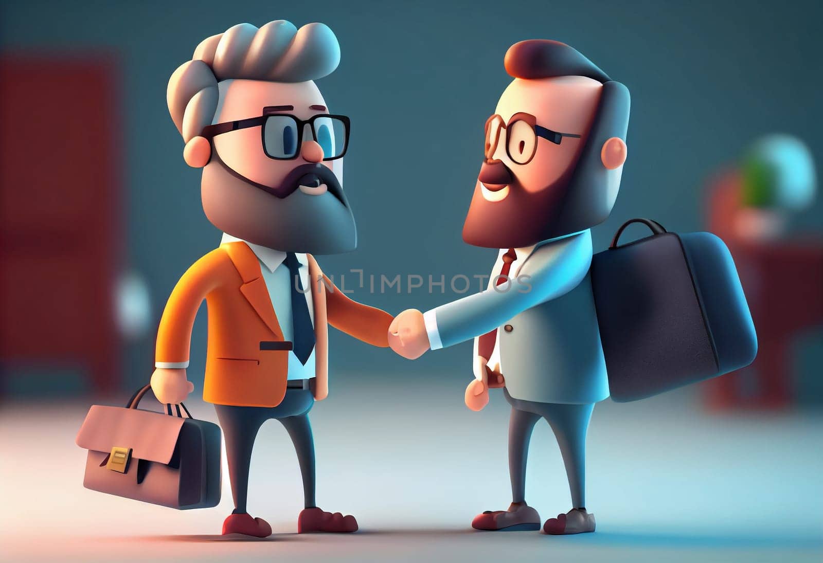 business handshake. Cute cartoon smiling man with laptop and bearded businessman with briefcase standing and shaking hands.