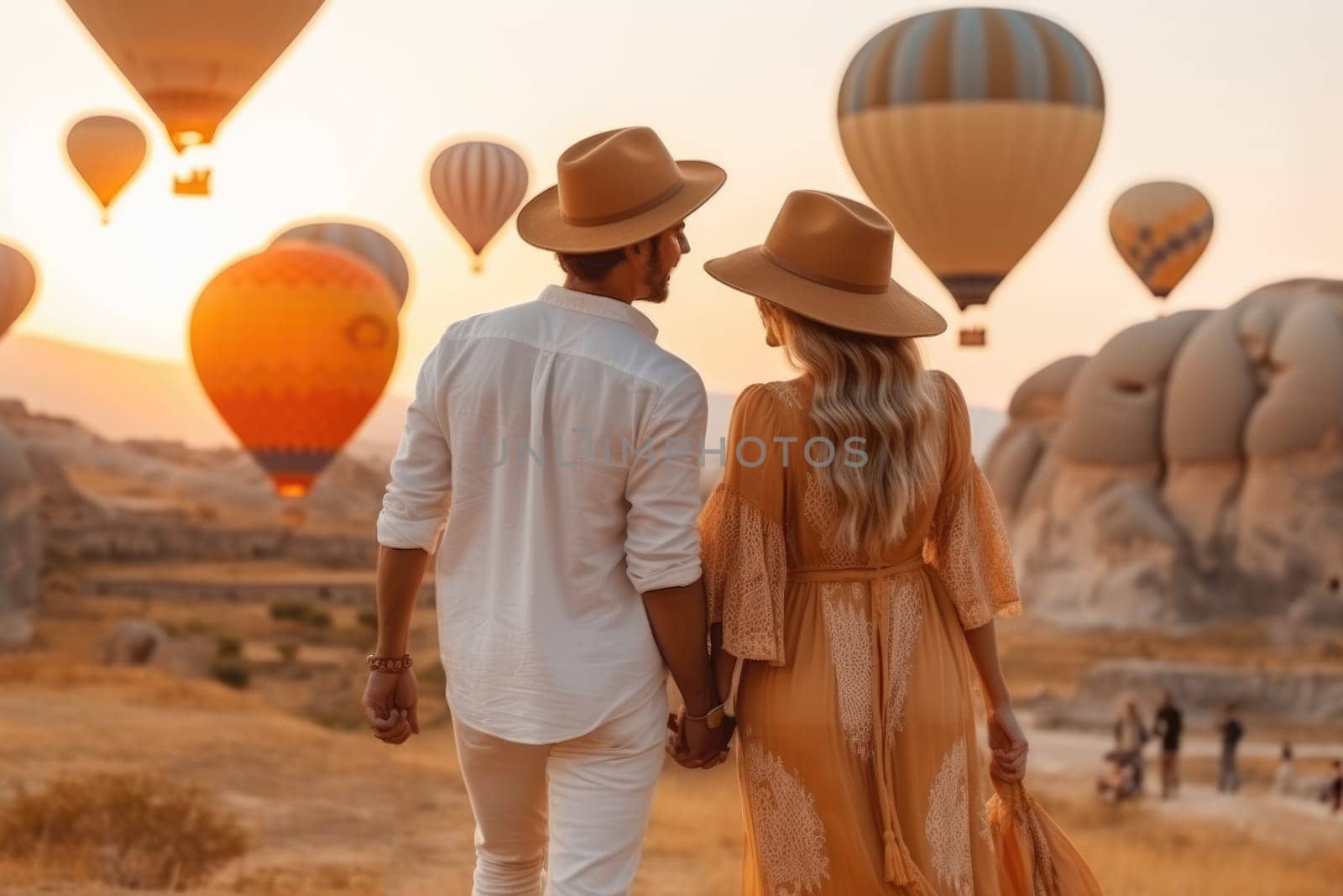 Beautiful couple of unrecognizable people watching Colorful Hot Air Balloons in Flight in Cappadocia, AI Generated