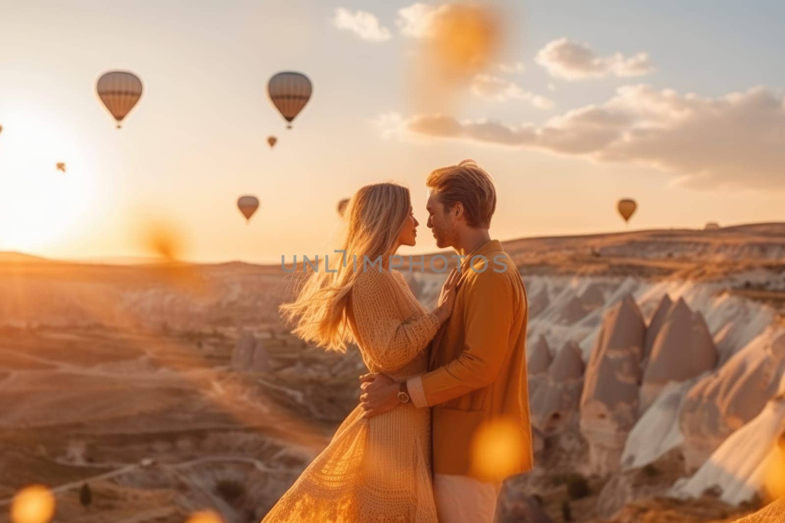Beautiful couple of unrecognizable people watching Colorful Hot Air Balloons in Flight, AI Generated by Desperada