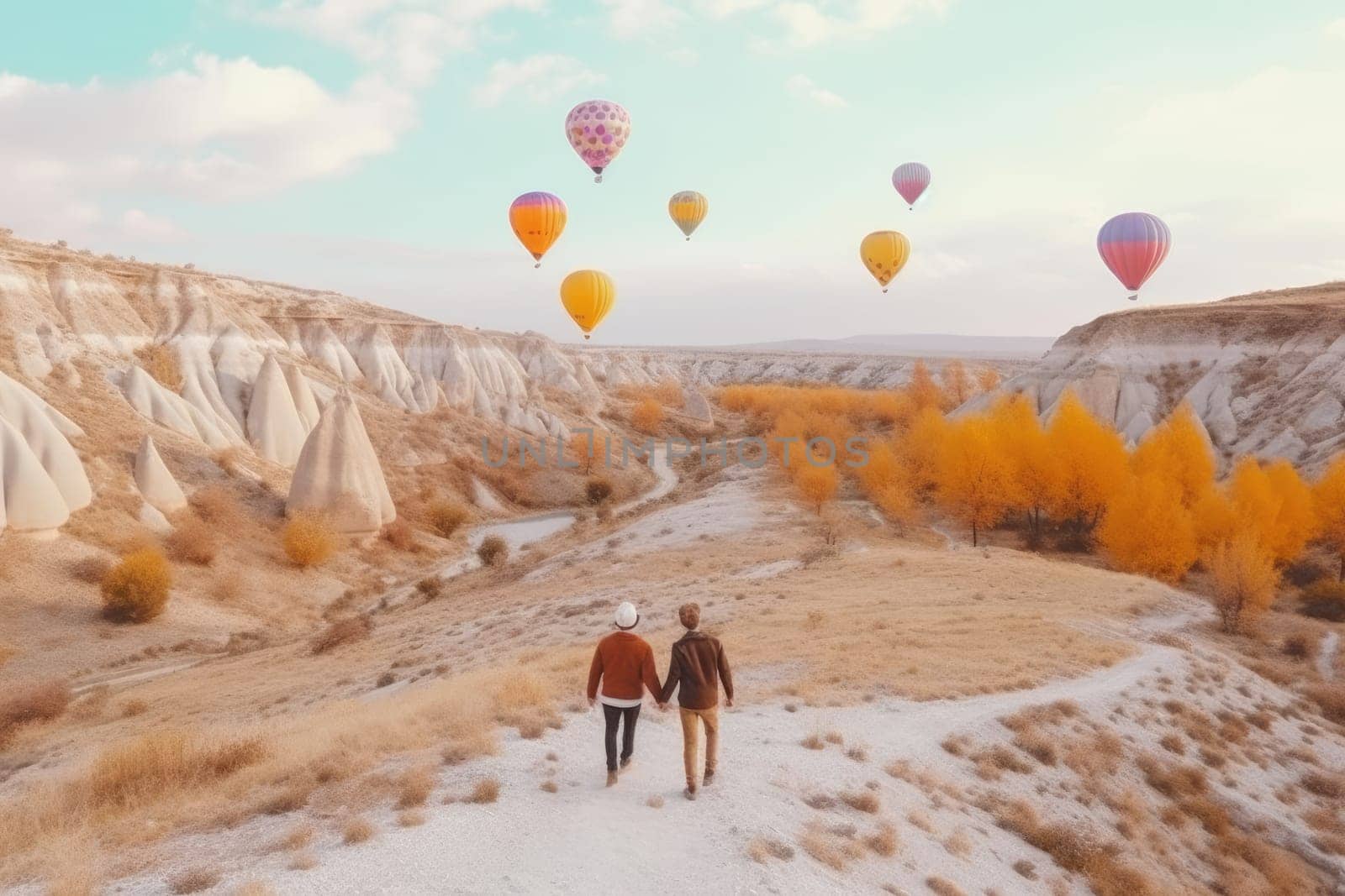 Beautiful couple of unrecognizable people watching Colorful Hot Air Balloons in Flight, AI Generated by Desperada