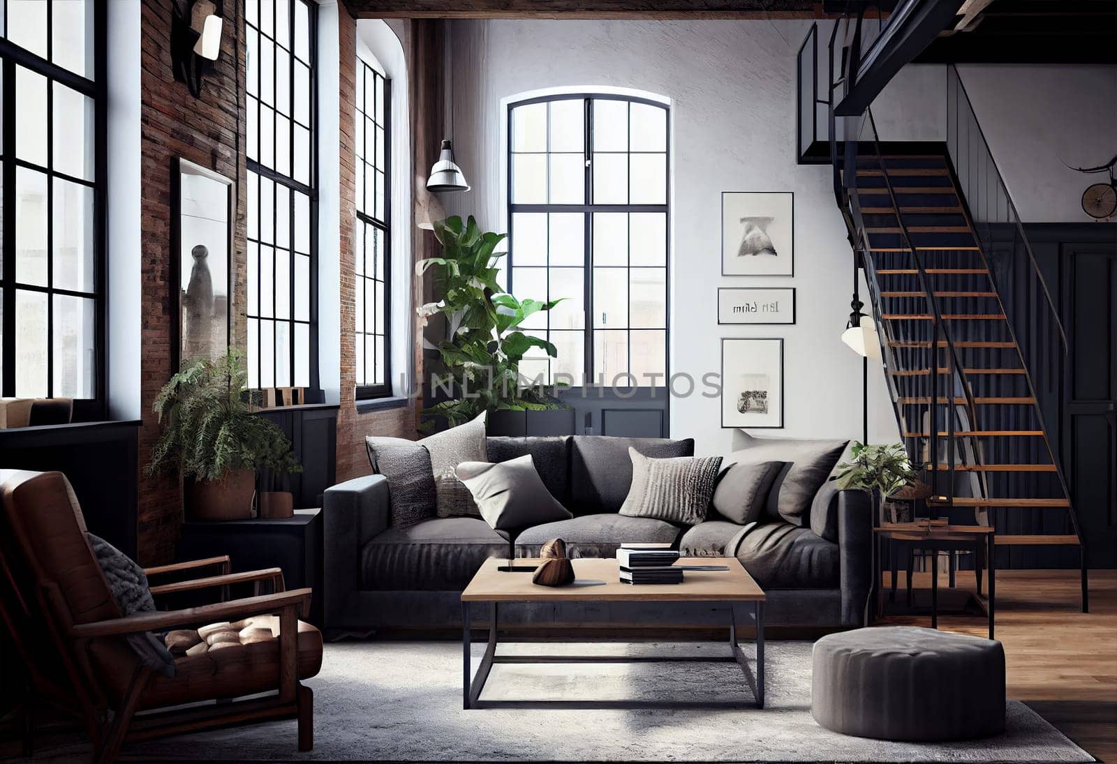 Living room loft in industrial style ,3d render