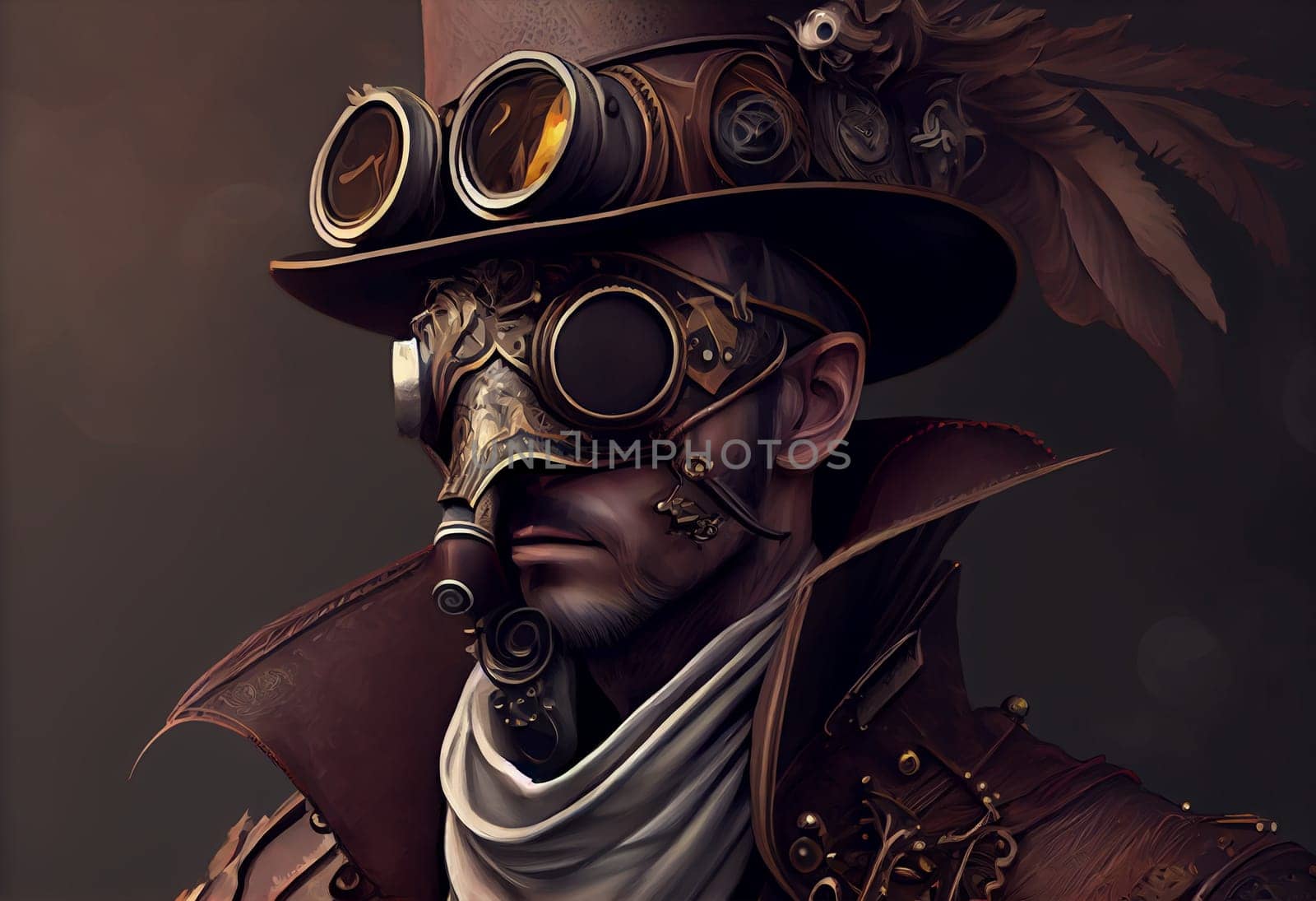 a man wearing a steampunk hat and a steampunk mask, fantasy art, steampunk. Generate Ai by wolfhound9111