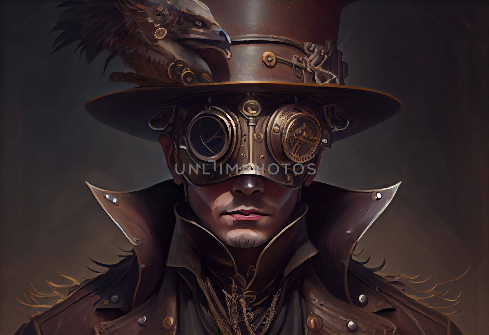 a man wearing a steampunk hat and a steampunk mask, fantasy art, steampunk. Generate Ai by wolfhound9111