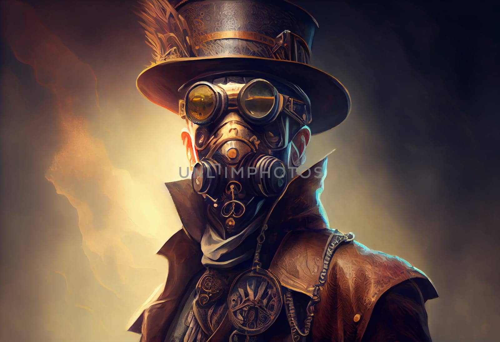 a man wearing a steampunk hat and a steampunk mask, fantasy art, steampunk. Generate Ai by wolfhound9111