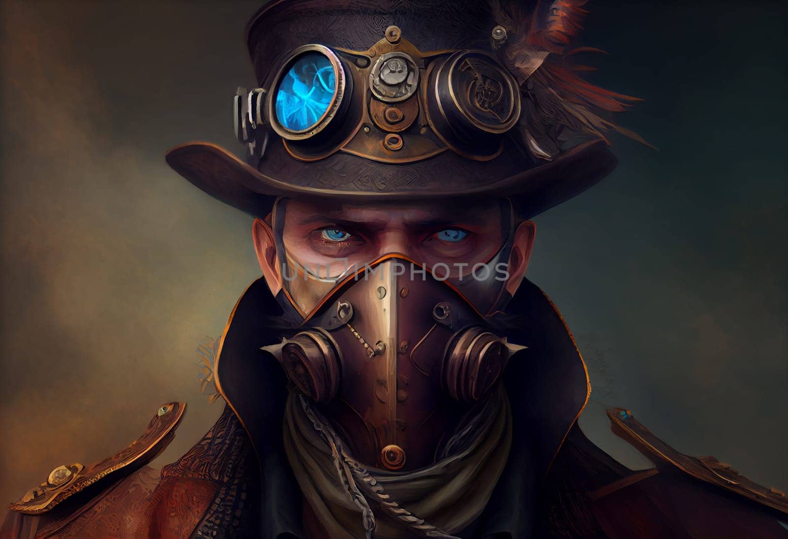 a man wearing a steampunk hat and a steampunk mask, fantasy art, steampunk. Generate Ai by wolfhound9111