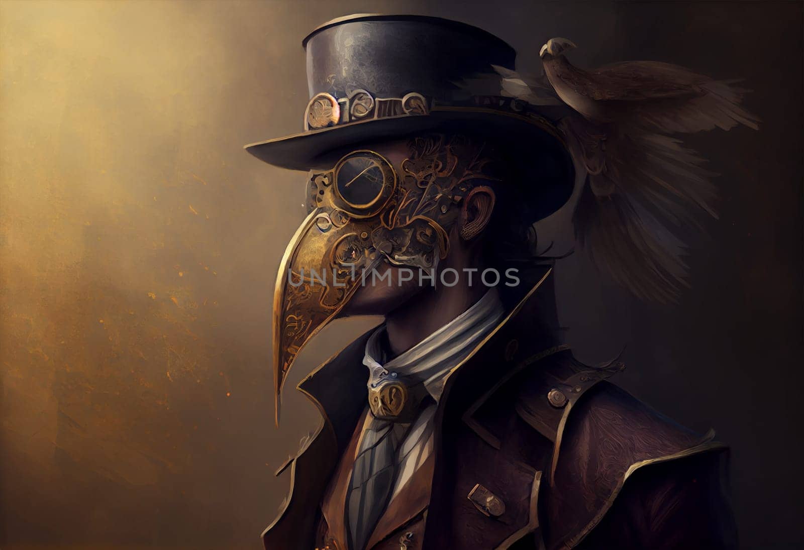 a man wearing a steampunk hat and a steampunk mask, fantasy art, steampunk. Generate Ai by wolfhound9111