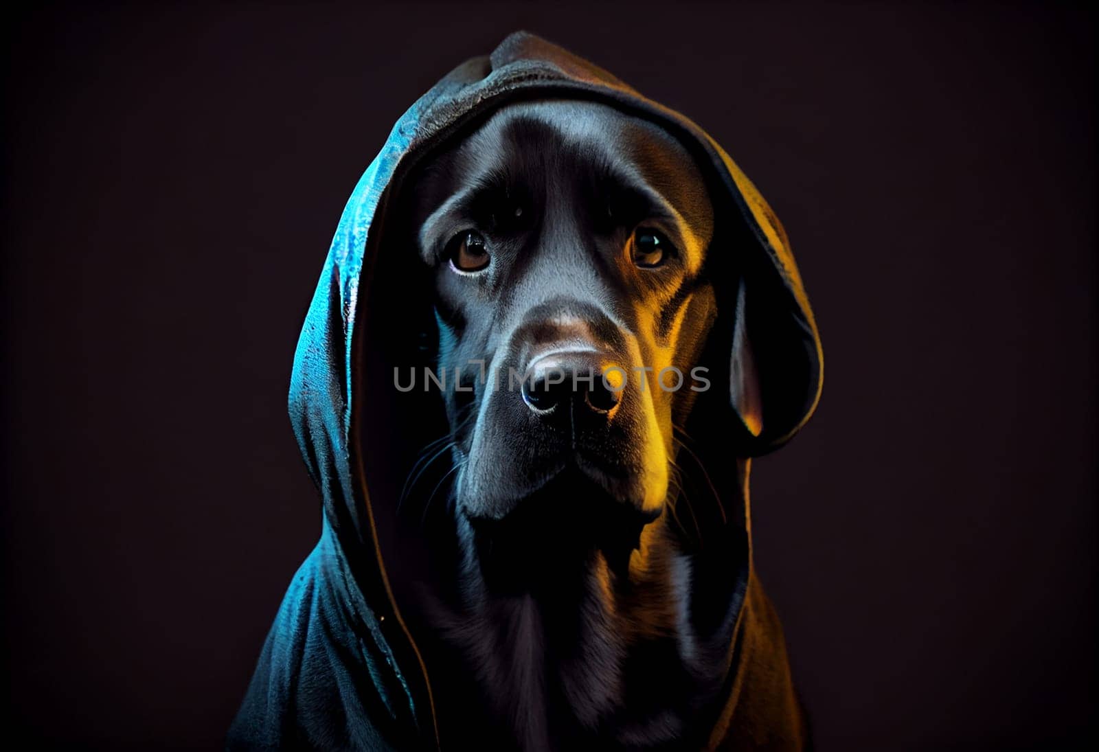 high detail, close up portrait, a black labrador in torn hoodie, looking at the camera, studio shot, , dark mode, sad, depth of field, fashion, neon glow backlight, silhouette.